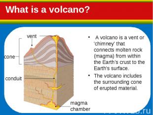 A volcano is a vent or 'chimney' that connects molten rock (magma) from within t