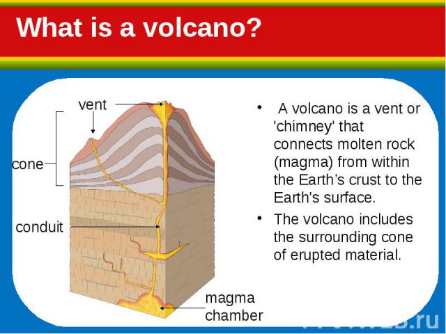 A volcano is a vent or 'chimney' that connects molten rock (magma) from within the Earth’s crust to the Earth's surface. A volcano is a vent or 'chimney' that connects molten rock (magma) from within the Earth’s crust to the Earth's surface. The vol…