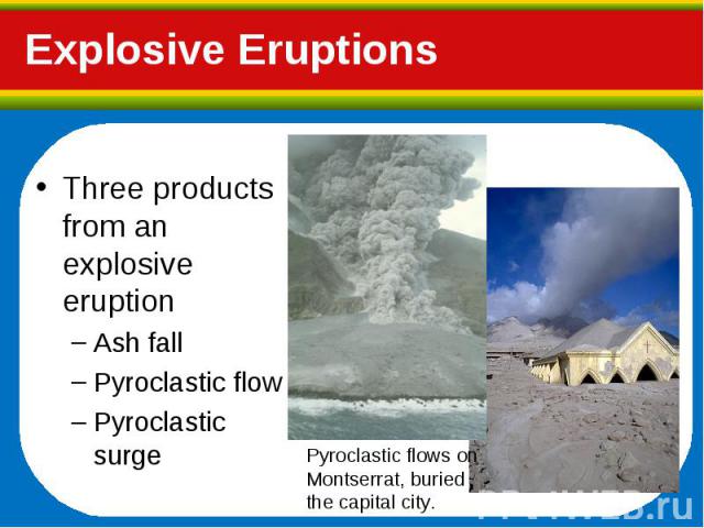 Three products from an explosive eruption Three products from an explosive eruption Ash fall Pyroclastic flow Pyroclastic surge