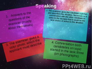 Speaking Answers to the questions of the examiner (mostly about themselves)