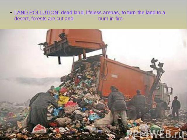 LAND POLLUTION: dead land, lifeless arenas, to turn the land to a desert, forests are cut and burn in fire.