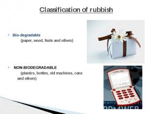 Classification of rubbish Bio-degradable (paper, wood, fruits and others) NON-BI