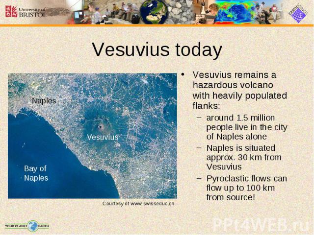 Vesuvius remains a hazardous volcano with heavily populated flanks: Vesuvius remains a hazardous volcano with heavily populated flanks: around 1.5 million people live in the city of Naples alone Naples is situated approx. 30 km from Vesuvius Pyrocla…