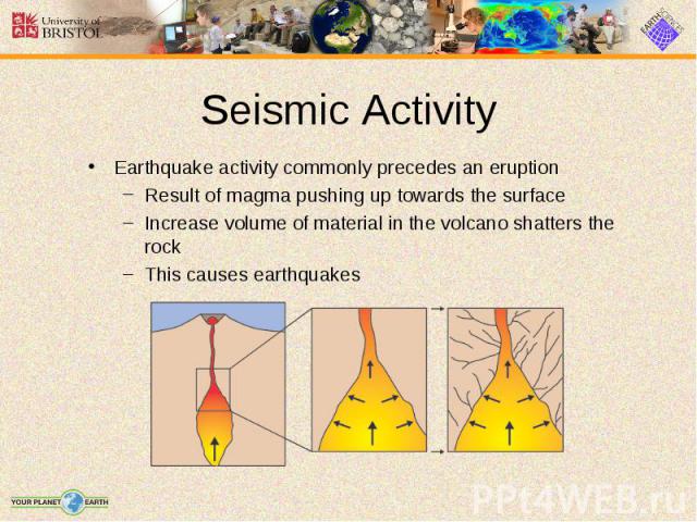 Earthquake activity commonly precedes an eruption Earthquake activity commonly precedes an eruption Result of magma pushing up towards the surface Increase volume of material in the volcano shatters the rock This causes earthquakes