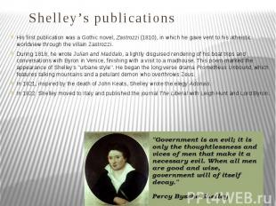 Shelley’s publications His first publication was a Gothic novel, Zastrozzi (1810