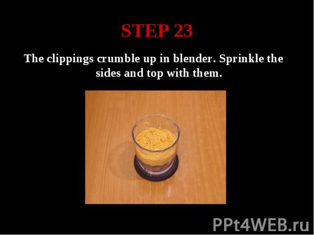 STEP 23 The clippings crumble up in blender. Sprinkle the sides and top with them.
