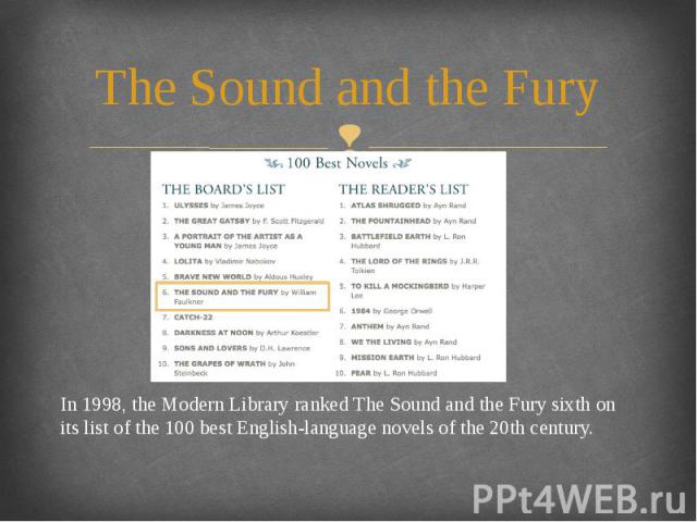 The Sound and the Fury In 1998, the Modern Library ranked The Sound and the Fury sixth on its list of the 100 best English-language novels of the 20th century.