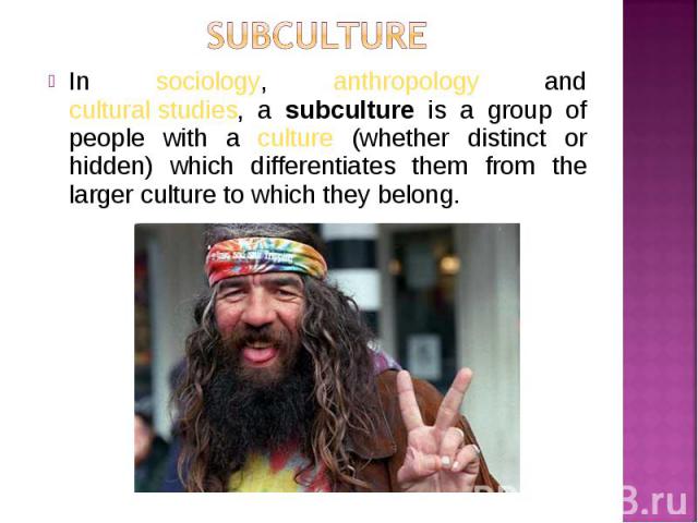 In sociology, anthropology and cultural studies, a subculture is a group of people with a culture (whether distinct or hidden) which differentiates them from the larger culture to which they belong. In sociology, anthropology and cultural studies, a…
