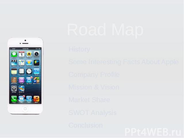 Road Map History Some Interesting Facts About Apple Company Profile Mission & Vision Market Share SWOT Analysis Conclusion