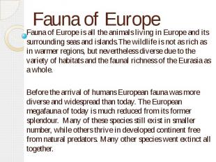 Fauna of Europe Fauna of Europe is all the animals living in Europe and its surr