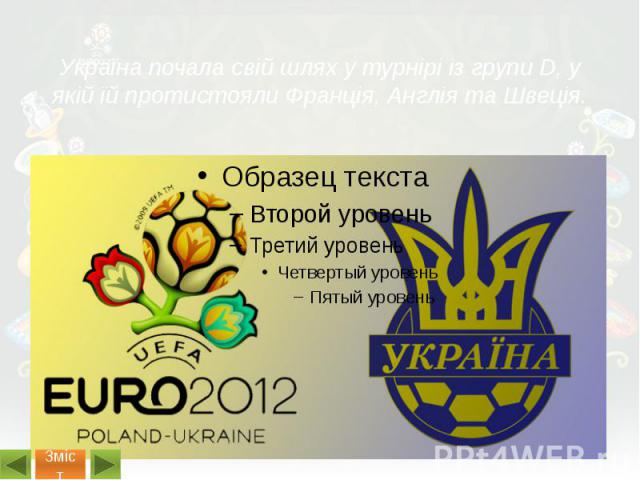 Україна почала свій шлях у турнірі із групи D, у якій їй протистояли Франція, Англія та Швеція.