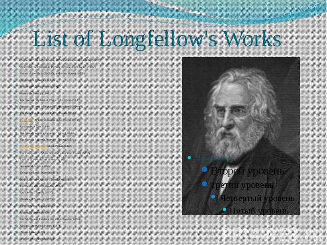 List of Longfellow's Works Coplas de Don Jorge Manrique (Translation from Spanish) (1833) Outre-Mer: A Pilgrimage Beyond the Sea (Travelogue) (1835) Voices of the Night: Ballads; and other Poems (1839) Hyperion, a Romance (1839) Ballads and Other Po…
