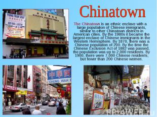 The Chinatown is an ethnic enclave with a large population of Chinese immigrants