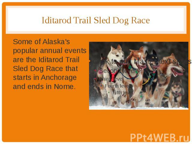 Iditarod Trail Sled Dog Race Some of Alaska's popular annual events are the Iditarod Trail Sled Dog Race that starts in Anchorage and ends in Nome.