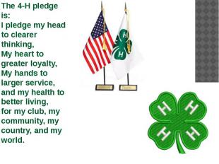 The 4-H pledge is: I pledge my head to clearer thinking, My heart to greater loy