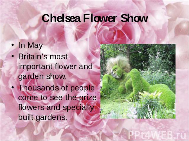Chelsea Flower Show In May Britain’s most important flower and garden show. Thousands of people come to see the prize flowers and specially built gardens.