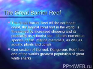 The Great Barrier Reef The Great Barrier Reef off the northeast coast, the large