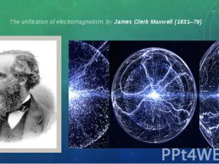 The unification of electromagnetism, by James Clerk Maxwell (1831–79). The unifi