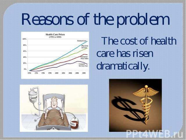 Reasons of the problem The cost of health care has risen dramatically.