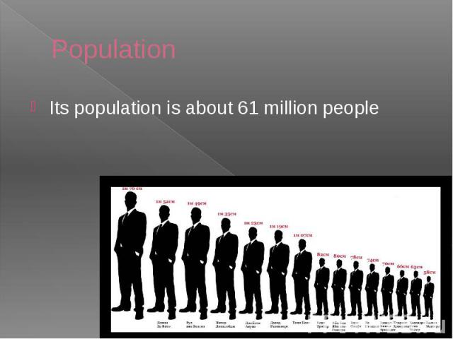 Population Its population is about 61 million people