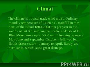Сlimat The climate is tropical trade wind moist. Ordinary monthly temperature of