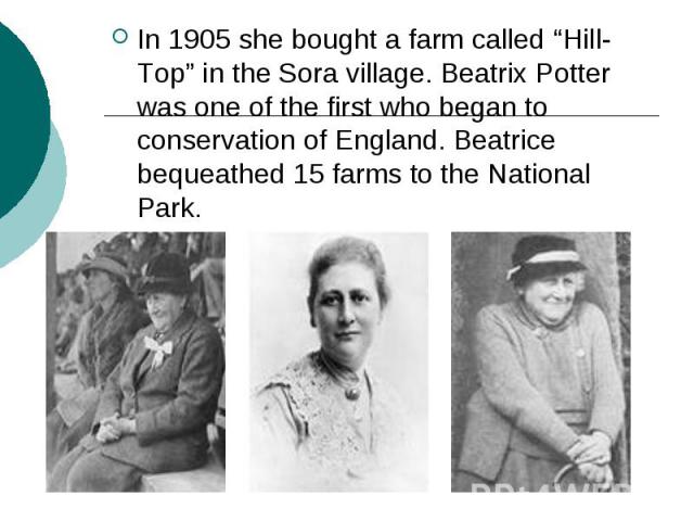 In 1905 she bought a farm called “Hill-Top” in the Sora village. Beatrix Potter was one of the first who began to conservation of England. Beatrice bequeathed 15 farms to the National Park.