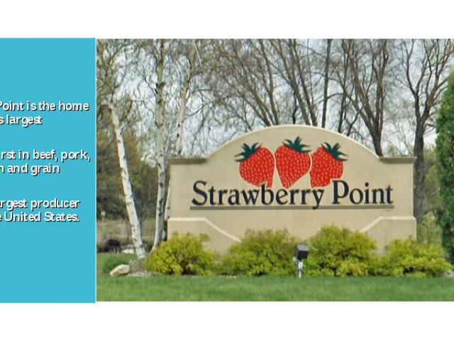 Strawberry Point is the home of the world's largest strawberry. Strawberry Point is the home of the world's largest strawberry. Iowa ranks first in beef, pork, corn, soybean and grain production. Iowa is the largest producer of corn in the United States.