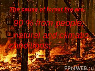 The cause of forest fire are: 90 % from people; natural and climatic conditions;