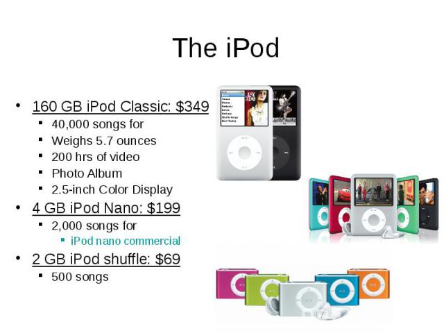 The iPod 160 GB iPod Classic: $349 40,000 songs for Weighs 5.7 ounces 200 hrs of video Photo Album 2.5-inch Color Display 4 GB iPod Nano: $199 2,000 songs for iPod nano commercial 2 GB iPod shuffle: $69 500 songs