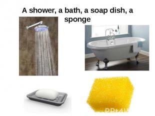 A shower, a bath, a soap dish, a sponge