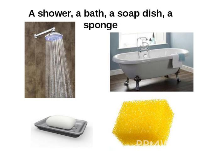 A shower, a bath, a soap dish, a sponge
