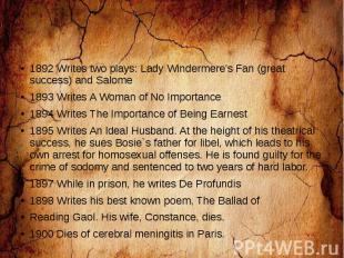 1892 Writes two plays: Lady Windermere's Fan (great success) and Salome 1893 Wri