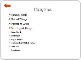 Categories Famous People Natural Things Interesting Cities Sociological Things O