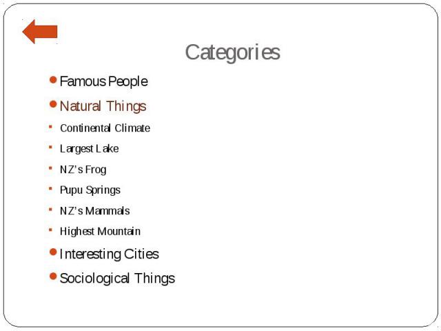 Categories Famous People Natural Things Continental Climate Largest Lake NZ’s Frog Pupu Springs NZ’s Mammals Highest Mountain Interesting Cities Sociological Things