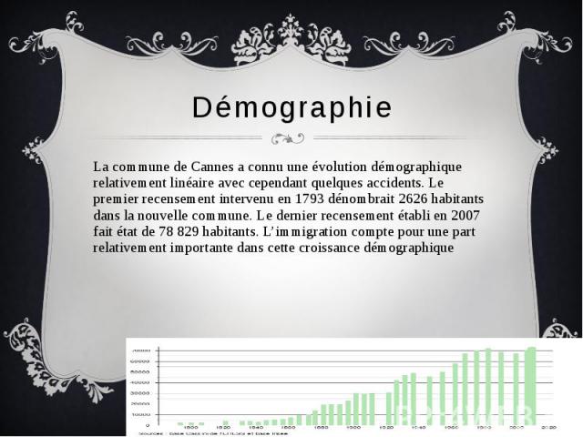 Démographie La commune de Cannes a connu une évolution démographique relativement linéaire avec cependant quelques accidents. Le premier recensement intervenu en 1793 dénombrait 2626 habitants dans la nouvelle commune. Le dernier recensement établi …