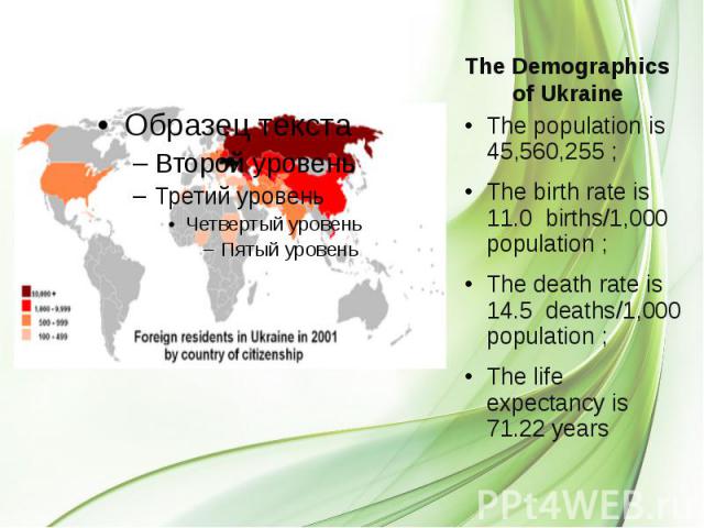 The Demographics of Ukraine The population is 45,560,255 ; The birth rate is 11.0  births/1,000 population ; The death rate is 14.5  deaths/1,000 population ; The life expectancy is 71.22 years