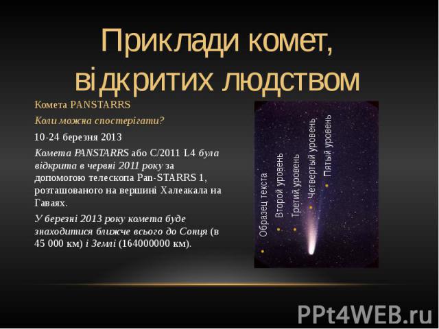 Комета PANSTARRS Комета PANSTARRS Коли можна спостерігати? 10-24 березня 2013 Комета PANSTARRS або C/2011 L4 була відкрита в червні 2011 року за допомогою телескопа Pan-STARRS 1, розташованого на вершині Халеакала на Гаваях. У березні 2013 року коме…