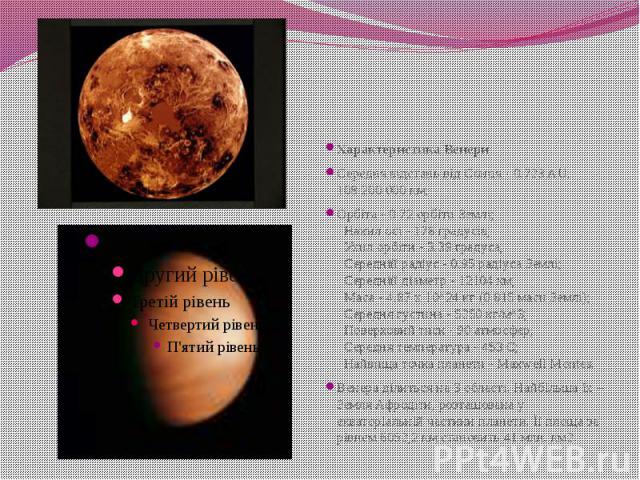 Характеристика Венери Середня відстань від Сонця - 0.723 AU, 108.200.000 км; Орбіта - 0.72 орбіти Землі;   Нахил осі - 178 градусів;   Ухил орбіти - 3.39 градуса;   Середній радіус - 0.95 радіуса Землі;   Середній діаметр - 12104…
