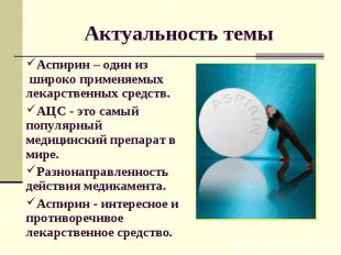 Актуальность темы Аспирин – один из &nbsp;широко применяемых лекарственных средс