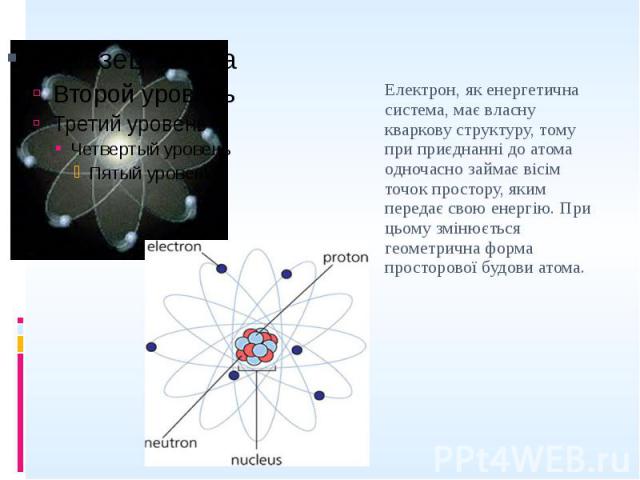 Електрон, як енергетична система, має власну кваркову структуру, тому при приєднанні до атома одночасно займає вісім точок простору, яким передає свою енергію. При цьому змінюється геометрична форма просторової будови атома. Електрон, як енергетична…