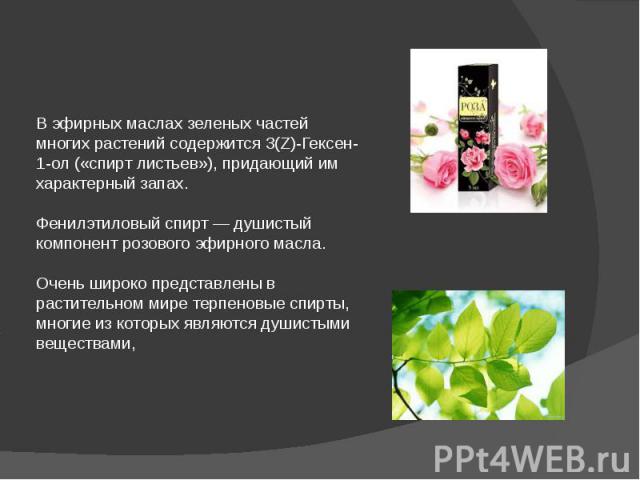 В эфирных маслах зеленых частей многих растений содержится 3(Z)-Гексен-1-ол («спирт листьев»), придающий им характерный запах. Фенилэтиловый спирт — душистый компонент розового эфирного масла. Очень широко представлены в растительном мире терпеновые…