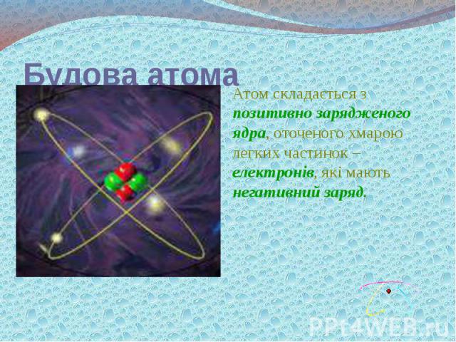 Будова атома Атом складається з позитивно зарядженого ядра, оточеного хмарою легких частинок – електронів, які мають негативний заряд.