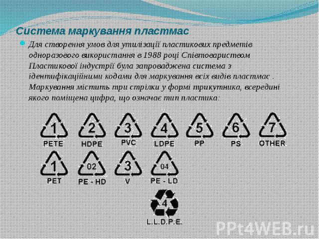 Система маркування пластмас Для створення умов для утилізації пластикових предметів одноразового використання в 1988 році Співтовариством Пластикової індустрії була запроваджена система з ідентифікаційними кодами для маркування всіх видів пластмас .…