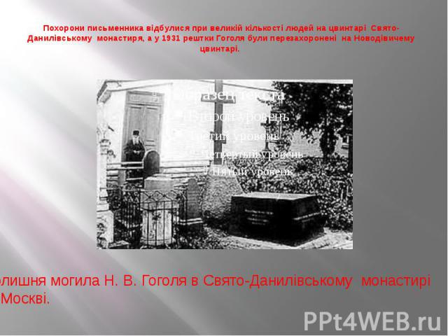 Похорони письменника відбулися при великій кількості людей на цвинтарі Свято-Данилівському монастиря, а у 1931 рештки Гоголя були перезахоронені на Новодівичему цвинтарі.
