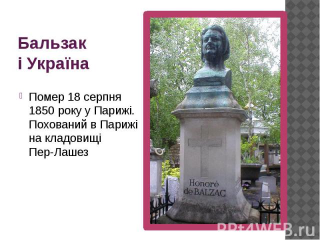 Бальзак і Україна Помер 18 серпня  1850 року у Парижі. Похований в Парижі на кладовищі Пер-Лашез
