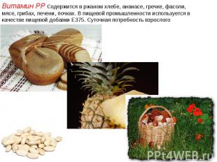Витамин PP Содержится в ржаном хлебе, ананасе, гречке, фасоли, мясе, грибах, печ