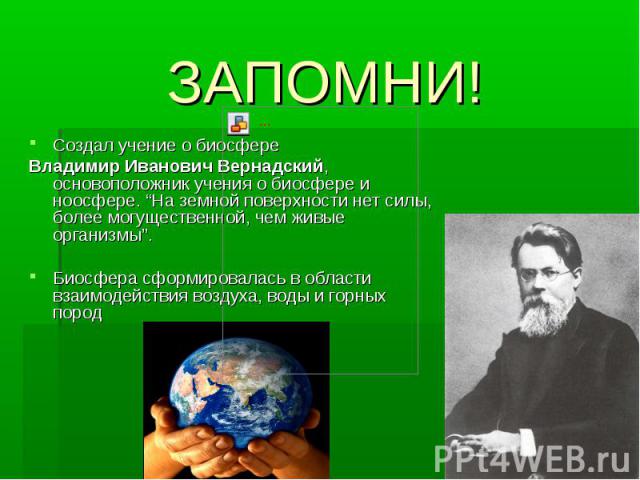 Создал учение о биосфере Создал учение о биосфере Владимир Иванович Вернадский, основоположник учения о биосфере и ноосфере. “На земной поверхности нет силы, более могущественной, чем живые организмы”. Биосфера сформировалась в области взаимодействи…