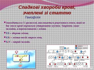 Гемофілія Знаходиться в Х хромосомі, викликається рецесивним геном, який не дає