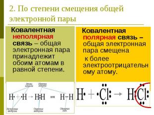 2. По степени смещения общей электронной пары Ковалентная неполярная связь – общ