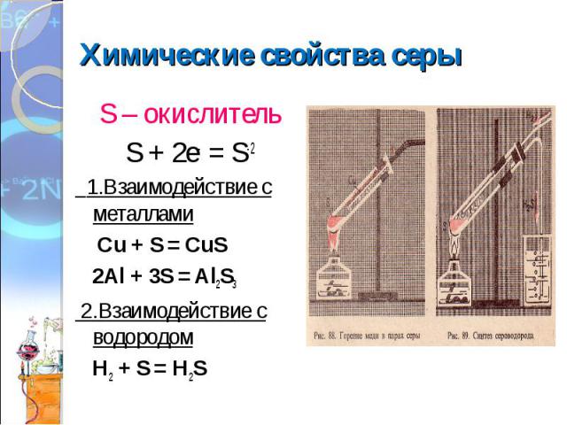 S – окислитель S – окислитель S + 2е- = S-2 1.Взаимодействие с металлами Сu + S = CuS 2Al + 3S = Al2S3 2.Взаимодействие с водородом H2 + S = H2S